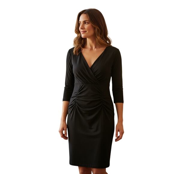 Adrianna Papell Black Dress 10 – NWT, Split V-Neck, Ruched Waist - Picture 3 of 8